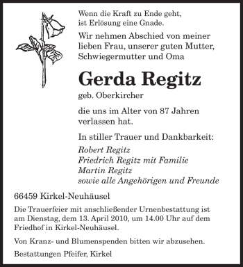 Todesanzeige von Gerda Regitz von SAARBRÜCKER ZEITUNG