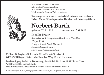 Todesanzeige von Norbert Barth von SAARBRÜCKER ZEITUNG