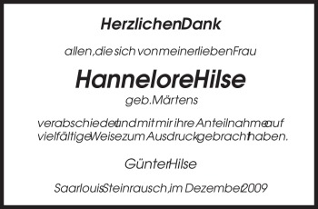 Todesanzeige von Hannelore Hilse von SAARBRÜCKER ZEITUNG