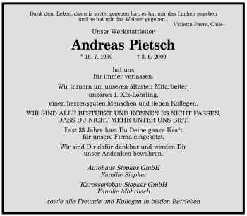 Todesanzeige von Andreas Pietsch von SAARBRÜCKER ZEITUNG