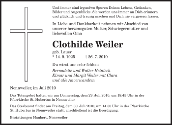 Todesanzeige von Clothilde Weiler von SAARBRÜCKER ZEITUNG