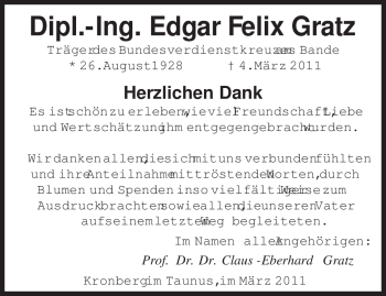 Todesanzeige von Edgar Felix Gratz von SAARBRÜCKER ZEITUNG