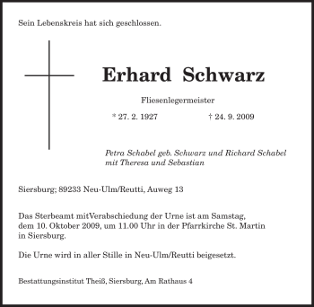 Todesanzeige von Erhard Schwarz von SAARBRÜCKER ZEITUNG