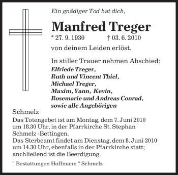 Todesanzeige von Manfred Treger von SAARBRÜCKER ZEITUNG