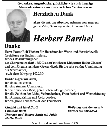 Todesanzeige von Herbert Barthel von SAARBRÜCKER ZEITUNG