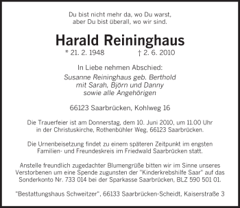 Todesanzeige von Harald Reininghaus von SAARBRÜCKER ZEITUNG