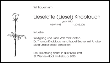 Todesanzeige von Lieselotte Knoblauch von saarbruecker_zeitung