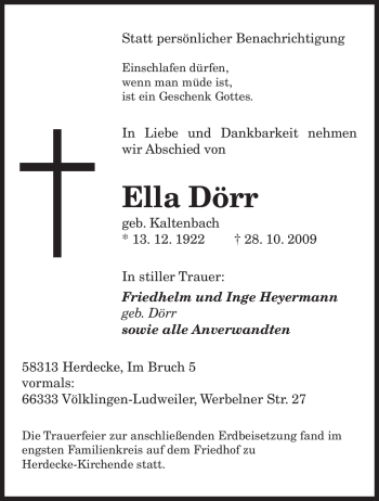 Todesanzeige von Ella Dörr von SAARBRÜCKER ZEITUNG