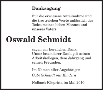 Todesanzeige von Oswald Schmidt von SAARBRÜCKER ZEITUNG