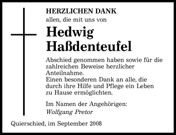 Todesanzeige von Hedwig Haßdenteufel von SAARBRÜCKER ZEITUNG