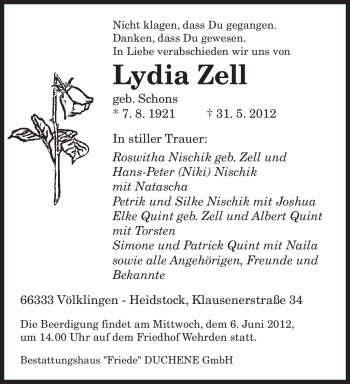 Todesanzeige von Lydia Zell von SAARBRÜCKER ZEITUNG
