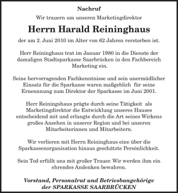 Todesanzeige von Harald Reininghaus von SAARBRÜCKER ZEITUNG