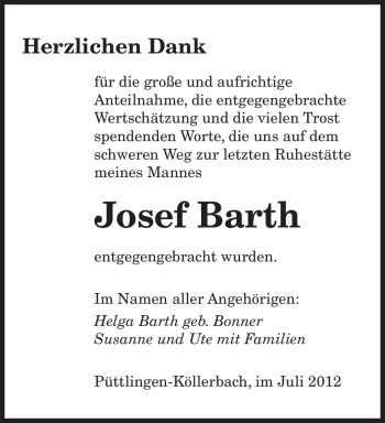 Todesanzeige von Josef Barth von SAARBRÜCKER ZEITUNG