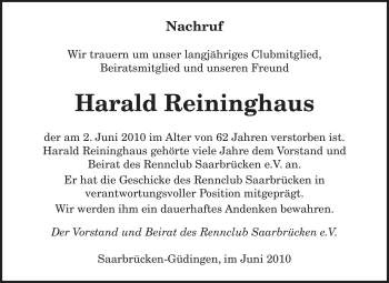 Todesanzeige von Harald Reininghaus von SAARBRÜCKER ZEITUNG