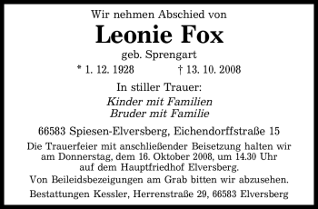Todesanzeige von Leonie Fox von SAARBRÜCKER ZEITUNG