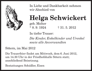 Todesanzeige von Helga Schwickert von SAARBRÜCKER ZEITUNG