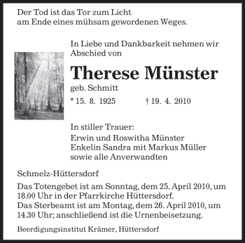 Todesanzeige von Therese Münster von SAARBRÜCKER ZEITUNG