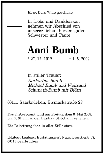 Todesanzeige von Anni Bumb von SAARBRÜCKER ZEITUNG
