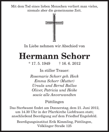 Todesanzeige von Hermann Schorr von SAARBRÜCKER ZEITUNG