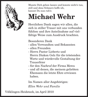 Todesanzeige von Michael Wehr von SAARBRÜCKER ZEITUNG