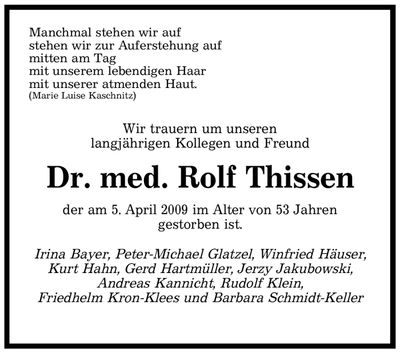  Traueranzeige für Rolf Thissen vom 09.04.2009 aus SAARBRÜCKER ZEITUNG