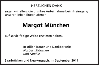 Todesanzeige von Margot München von SAARBRÜCKER ZEITUNG