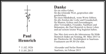 Todesanzeige von Paul Hennrich von saarbruecker_zeitung
