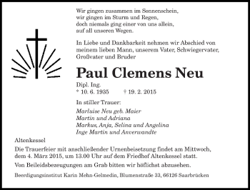 Todesanzeige von Paul Clemens Neu von saarbruecker_zeitung