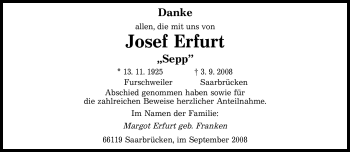 Todesanzeige von Josef Erfurt von SAARBRÜCKER ZEITUNG