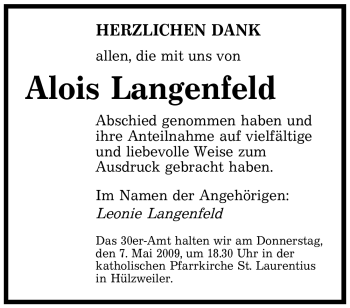 Todesanzeige von Alois Langenfeld von SAARBRÜCKER ZEITUNG