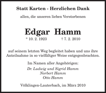 Todesanzeige von Edgar Hamm von SAARBRÜCKER ZEITUNG