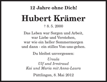 Todesanzeige von Hubert Krämer von SAARBRÜCKER ZEITUNG