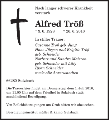 Todesanzeige von Alfred Tröß von SAARBRÜCKER ZEITUNG