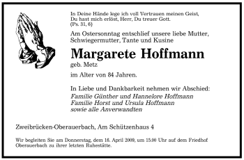 Todesanzeige von Margarete Hoffmann von SAARBRÜCKER ZEITUNG