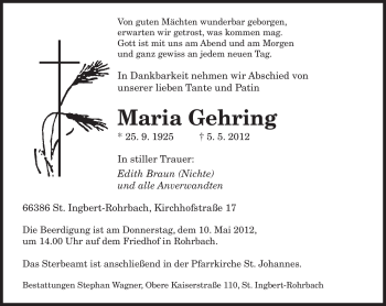Todesanzeige von Maria Gehring von SAARBRÜCKER ZEITUNG