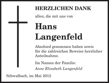 Todesanzeige von Hans Langenfeld von SAARBRÜCKER ZEITUNG