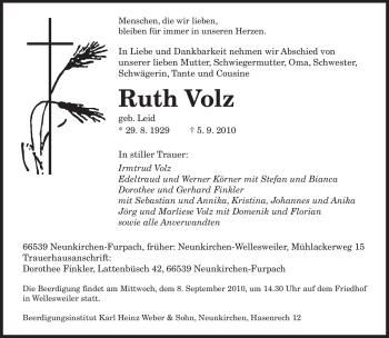 Todesanzeige von Ruth Volz von SAARBRÜCKER ZEITUNG