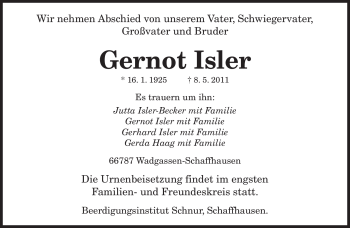 Todesanzeige von Gernot Isler von SAARBRÜCKER ZEITUNG