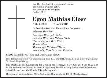 Todesanzeige von Egon Mathias Elzer von SAARBRÜCKER ZEITUNG