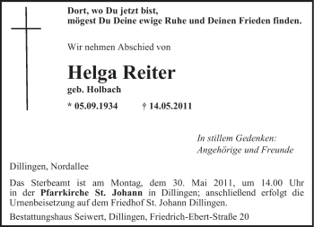 Todesanzeige von Helga Reiter von SAARBRÜCKER ZEITUNG