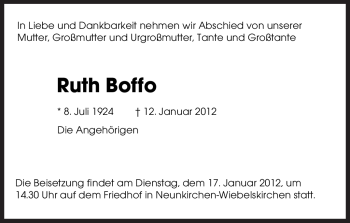 Todesanzeige von Ruth Boffo von SAARBRÜCKER ZEITUNG