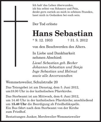 Todesanzeige von Hans Sebastian von SAARBRÜCKER ZEITUNG