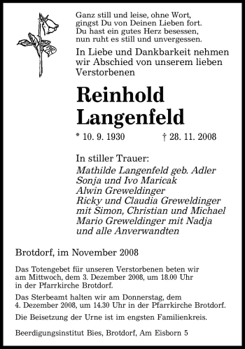 Todesanzeige von Reinhold Langenfeld von SAARBRÜCKER ZEITUNG