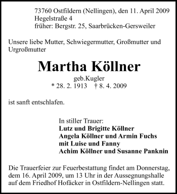 Todesanzeige von Martha Köllner von SAARBRÜCKER ZEITUNG