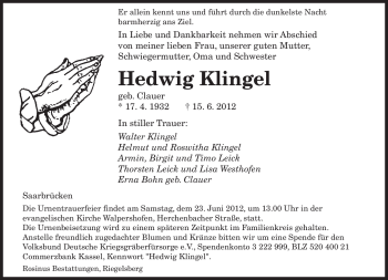 Todesanzeige von Hedwig Klingel von SAARBRÜCKER ZEITUNG