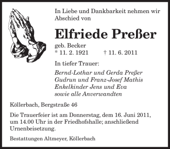 Todesanzeige von Elfriede Preßer von SAARBRÜCKER ZEITUNG