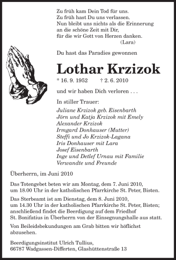Todesanzeige von Lothar Krzizok von SAARBRÜCKER ZEITUNG