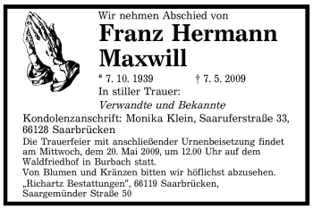 Todesanzeige von Franz Hermann Maxwill von SAARBRÜCKER ZEITUNG