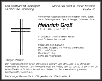 Todesanzeige von Heinrich Groß von SAARBRÜCKER ZEITUNG