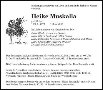 Todesanzeige von Heike Muskalla von saarbruecker_zeitung